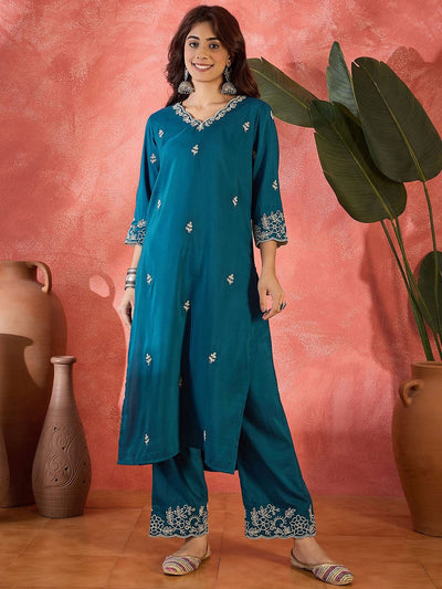 Indyancart SN Women's Floral Embroidered Thread Work Straight Kurta With Trousers & Dupatta