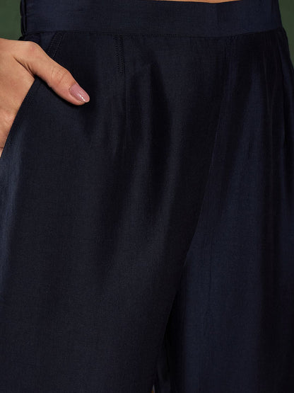 Indyancart SN Women's Navy Blue Floral Yoke Design Sequinned A-Line Kurta With Trouser & Dupatta