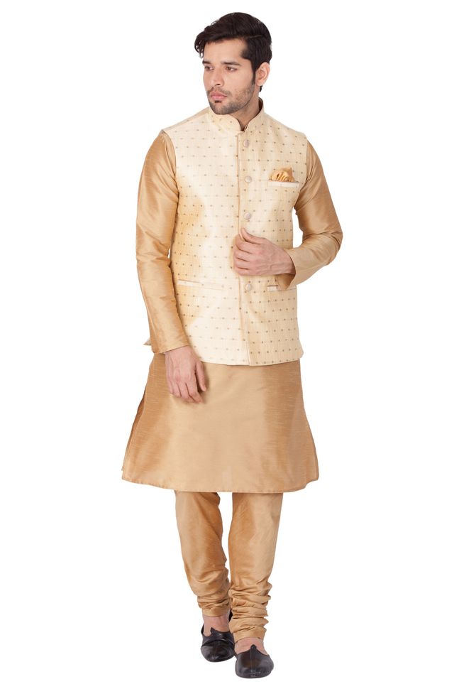 Men's Gold Silk Blend Straight Jacket  Kurta and Pyjama Set