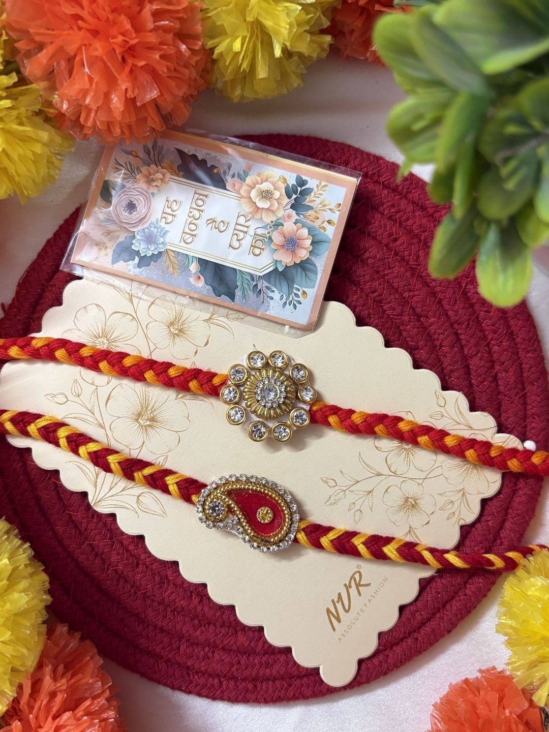 Anouk Set Of 2 Gold & Red Thread & Kundan Rakhi With Roli Chawal Chandan Mishri