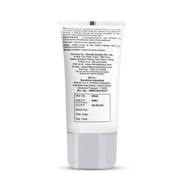 Recode Ace of Base Radiant Face Primer applied on skin, smooth and luminous finish, with a sleek tube packaging in the background.
