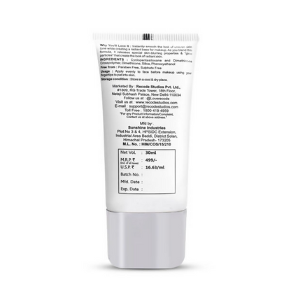 Recode Ace of Base Radiant Face Primer applied on skin, smooth and luminous finish, with a sleek tube packaging in the background.