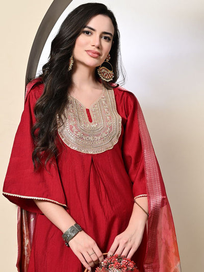 Indyancart SN Women's Floral Yoke Design Pleated Sequinned A-Line Kurta With Dhoti Pants & Dupatta