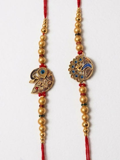 Anouk Set Of 2 Peacock & Ghungroo Design Multicolor Thread Rakhi With Roli Chawal Chandan