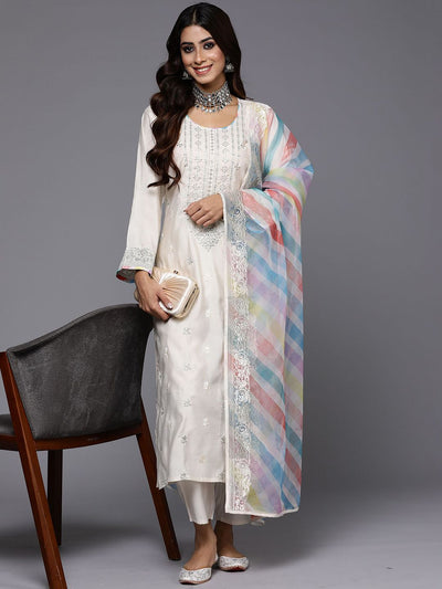 Indyancart IE Cream-Coloured Embroidered Sequined Cotton Zari Kurta With Trousers & Dupatta