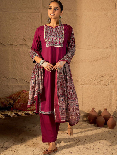 Indyancart IE Yoke Design Printed Notch-Neck Cotton Straight Kurta With Trousers And Dupatta