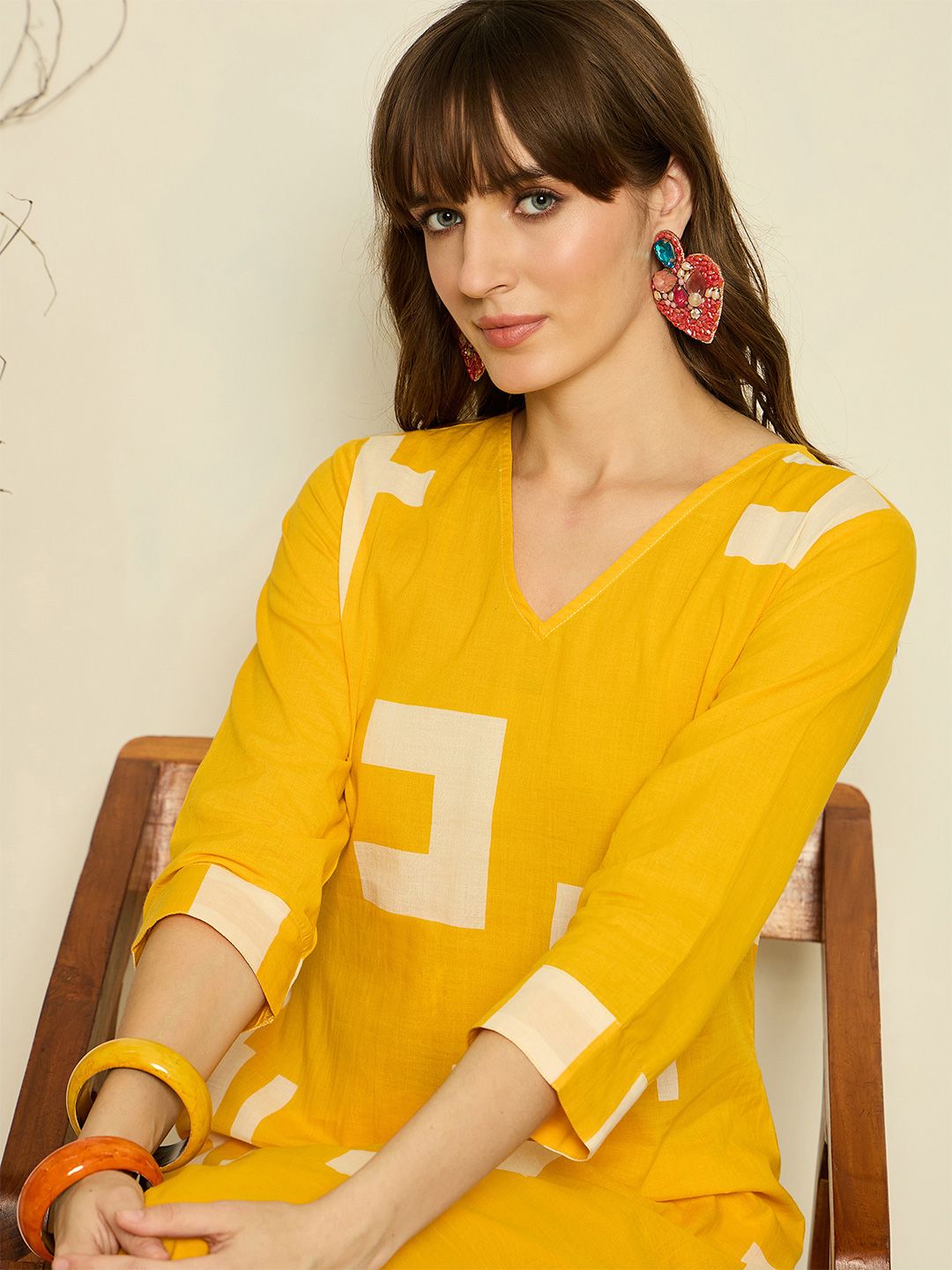 Geometric Printed V-Neck A-Line Pure Cotton Kurta with Trousers
