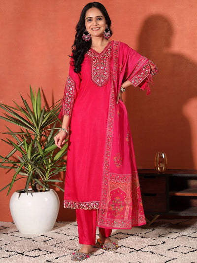 Indyancart SN Women's Embroidered Straight Kurta With Trouser & Dupatta