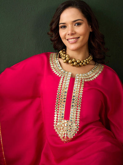 Indyancart SN Women's Fuchsia Geometric Embroidered Round Neck Mirror Work Kaftan With Trousers
