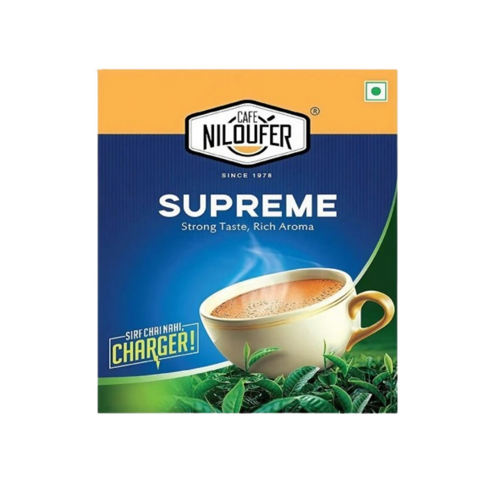 Cafe Niloufer Supreme Tea Powder in a packaging, ready for brewing, showcasing premium tea powder from the Cafe Niloufer brand.