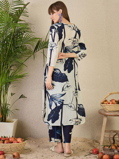 Indyancart IE Printed Notch Neck Straight Pure Cotton Tunic & Trousers