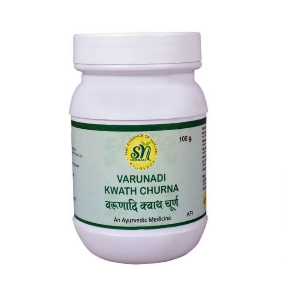 SN Herbals Varunadi Kwath Churna Ayurvedic herbal powder in a glass container, used for traditional herbal remedies.