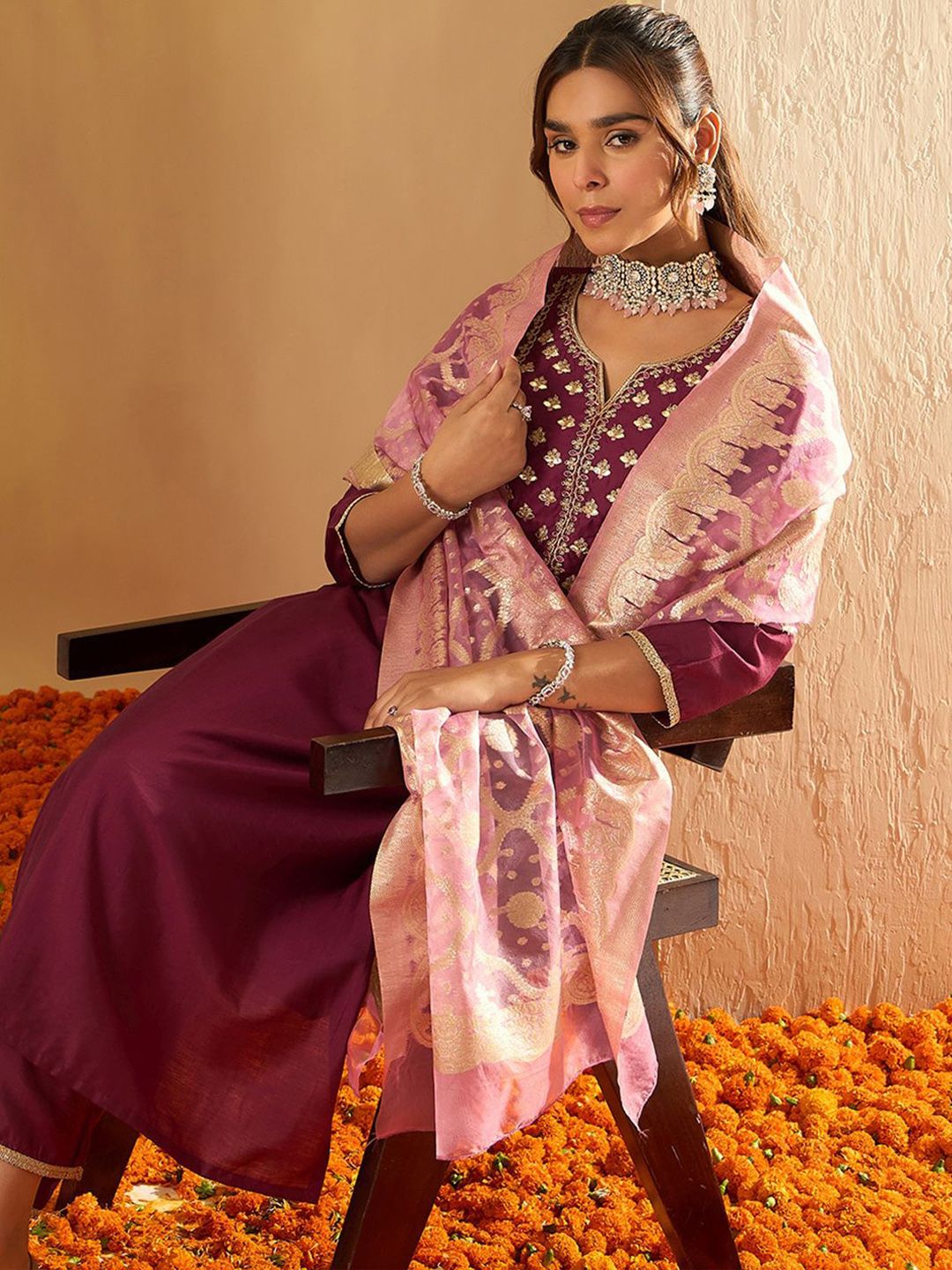 Dhiyona IE Ethnic Motifs Yoke Design Straight Gotta Patti Liva Kurta with Trousers & Dupatta