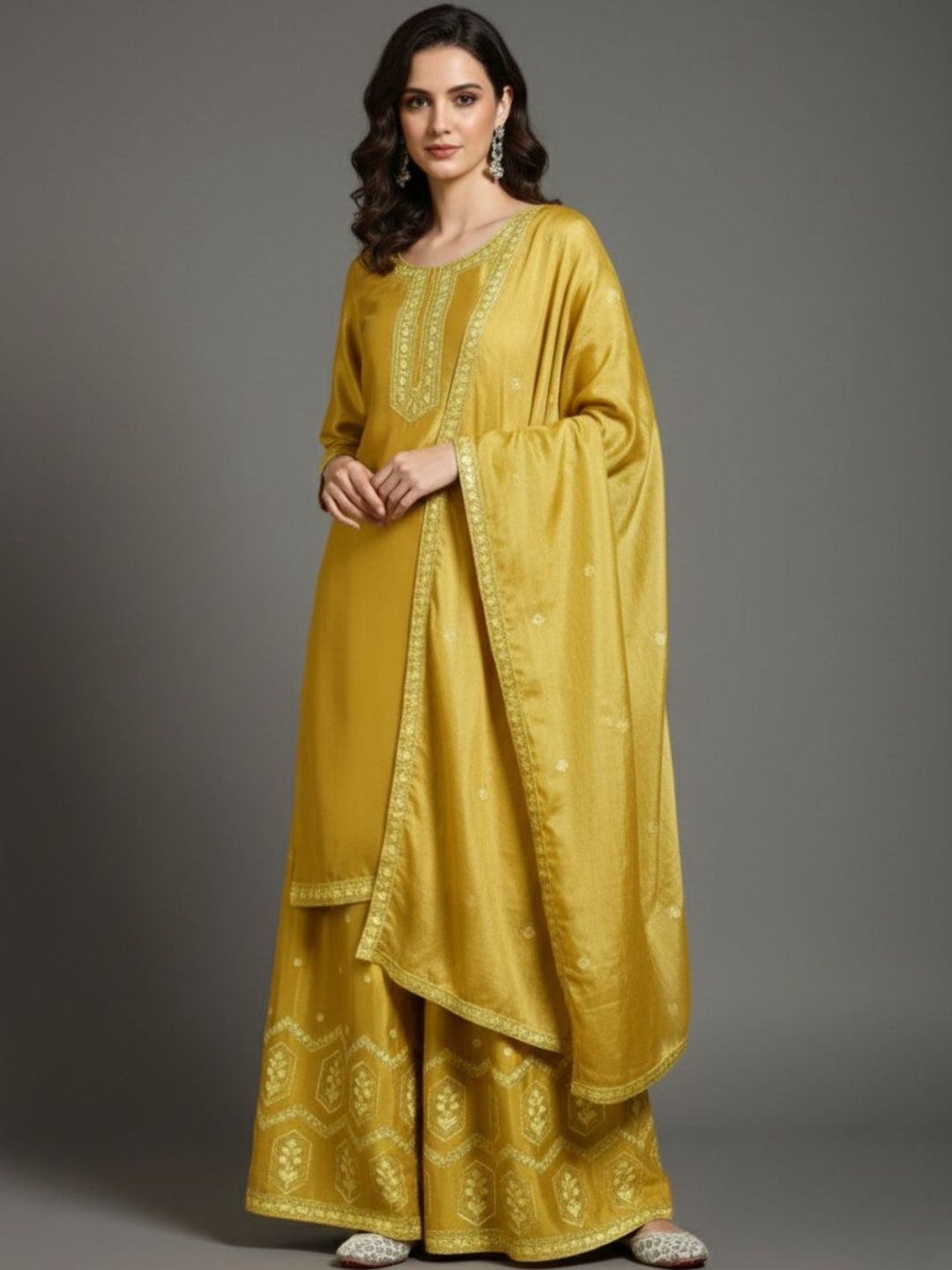Indyancart VA Women Ethnic Motifs Embroidered Regular Thread Work Silk Crepe Kurta with Palazzos & With Dupatta