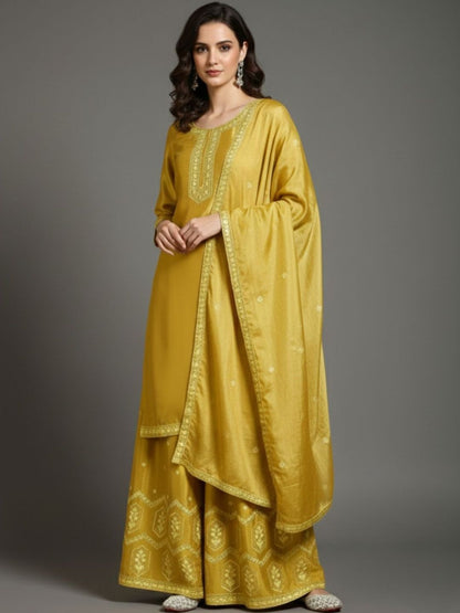 Indyancart VA Women Ethnic Motifs Embroidered Regular Thread Work Silk Crepe Kurta with Palazzos & With Dupatta