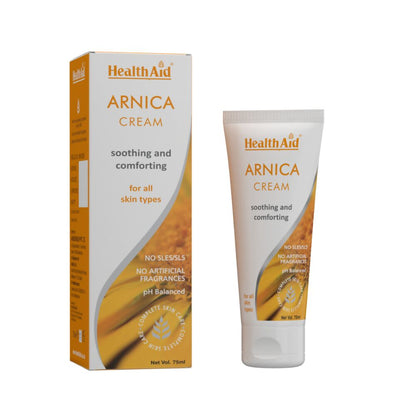 HealthAid Arnica Face Cream in a white tube with a blue cap, featuring a herbal and natural skincare label.