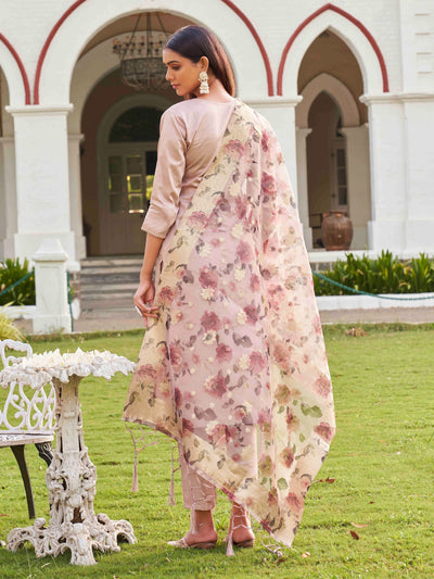 Indyancart TI Women's Mauve Embroidery Kurta with Organza Dupatta