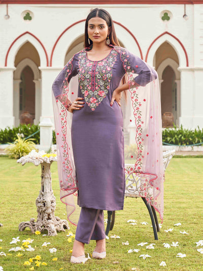 Indyancart TI Women's Purple Floral Embroidery Work Kurta with Pant & Dupatta