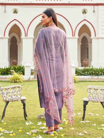 Indyancart TI Women's Purple Floral Embroidery Work Kurta with Pant & Dupatta