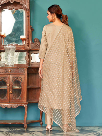 Indyancart TI Women's Beige Solid Gota Kurta with Pant & Dupatta