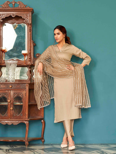 Indyancart TI Women's Beige Solid Gota Kurta with Pant & Dupatta