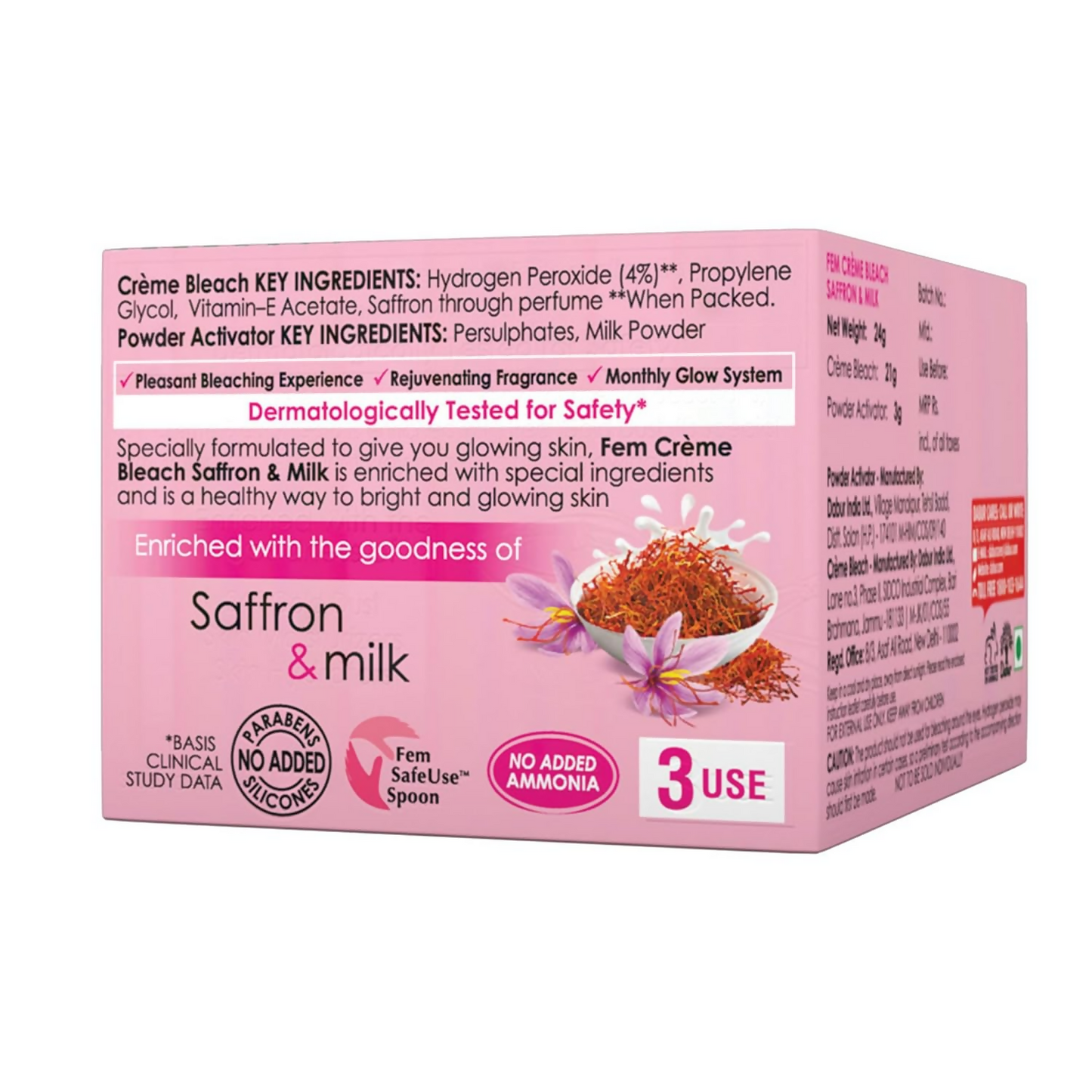 Fem Fairness Saffron & Milk Creme Bleach face bleach jar with saffron strands and creamy texture visible.