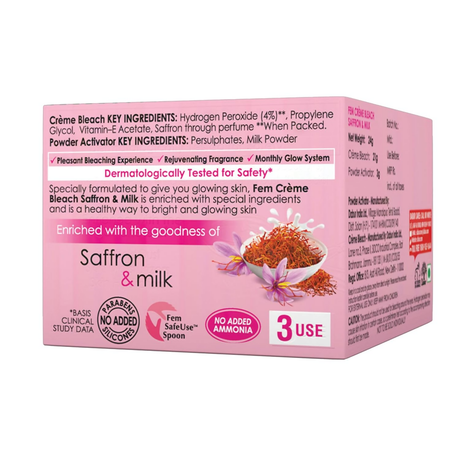 Fem Fairness Saffron & Milk Creme Bleach face bleach jar with saffron strands and creamy texture visible.