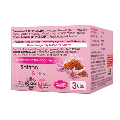 Fem Fairness Saffron & Milk Creme Bleach face bleach jar with saffron strands and creamy texture visible.
