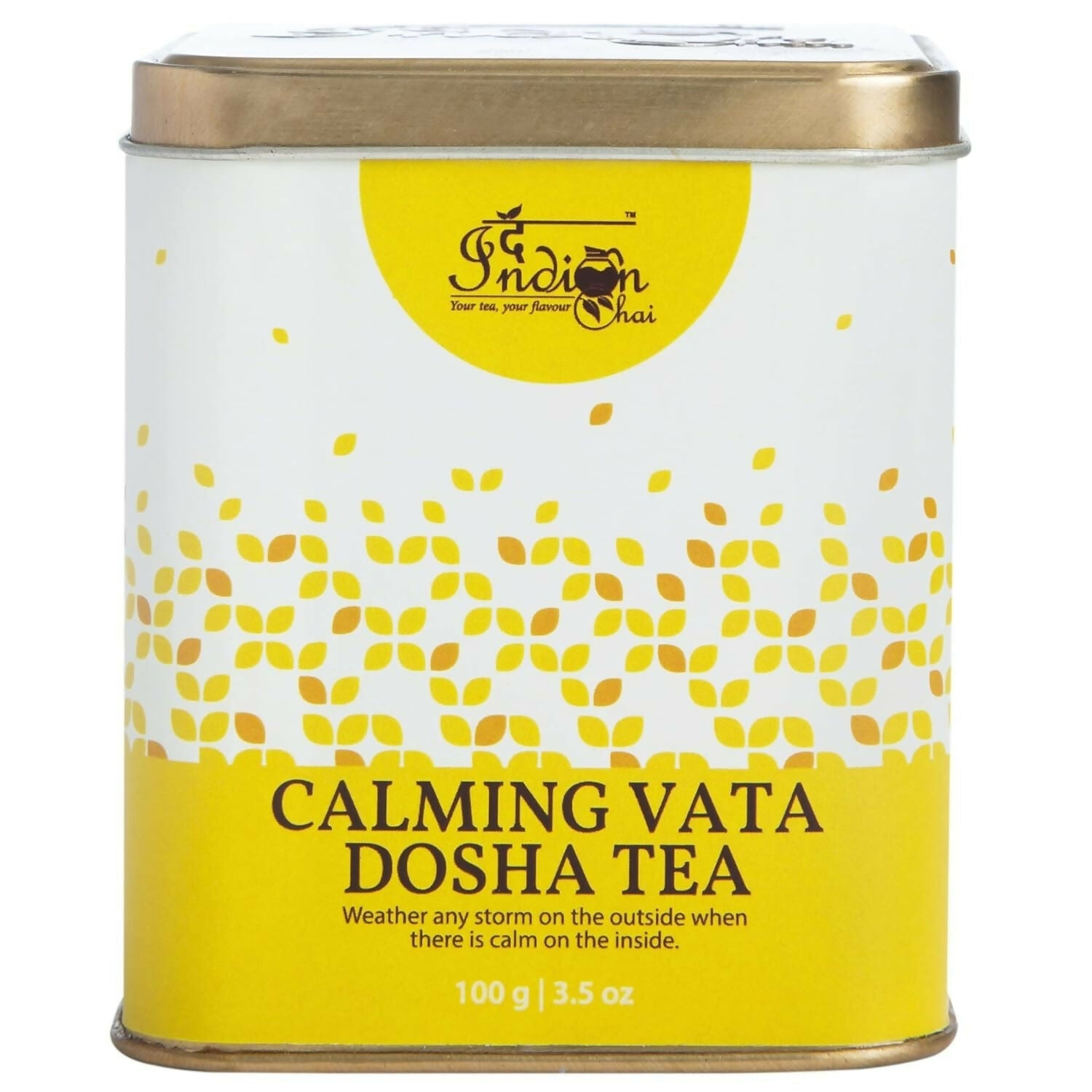 Indian Chai calming Vata Dosha tea powder in a jar with a spoon, showcasing traditional Indian tea blend and earthy spices.