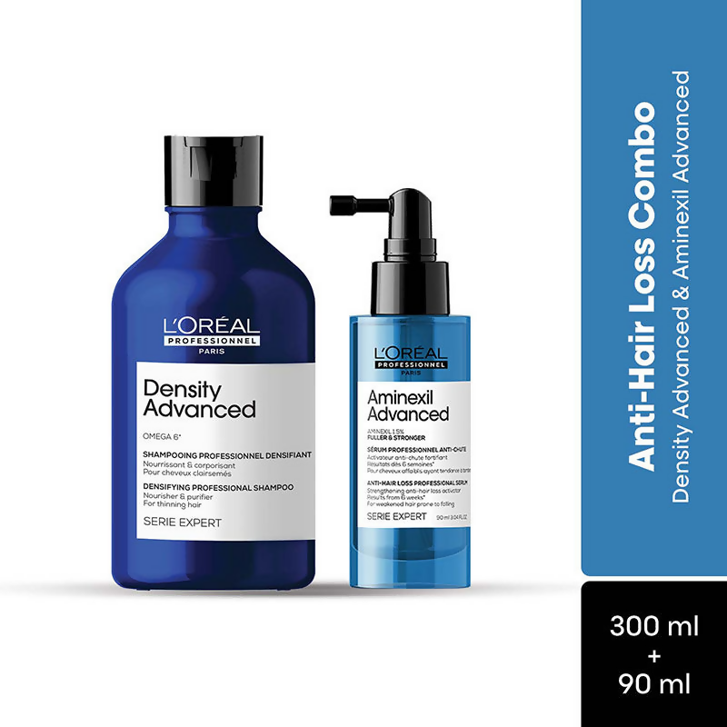 L'Oreal Paris Anti-Hair Loss Regime with Density Advanced Shampoo and Aminexil Advanced hair serums, showing the product bottles.