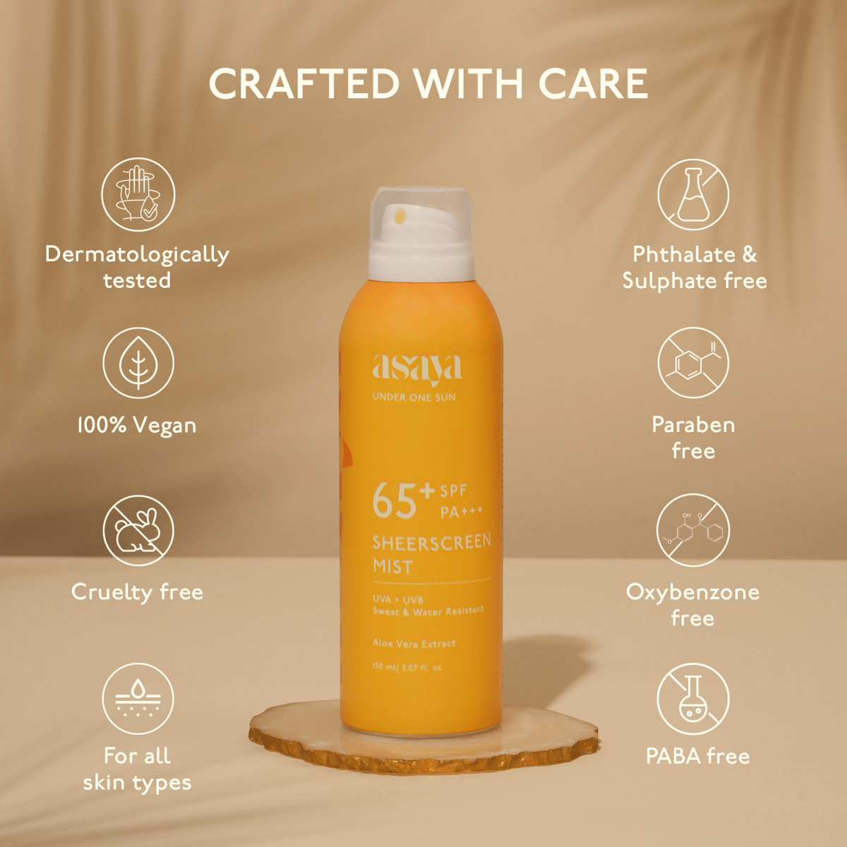 Asaya broad-spectrum SPF 50+ waterproof sunscreen spray for face and body, in a lightweight spray bottle.