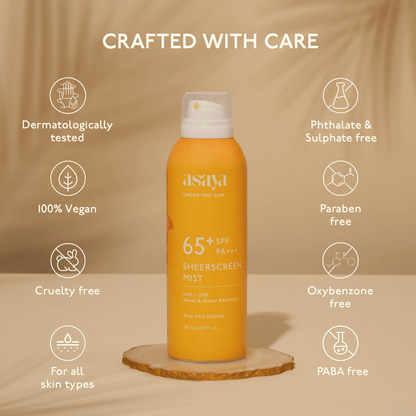 Asaya broad-spectrum SPF 50+ waterproof sunscreen spray for face and body, in a lightweight spray bottle.