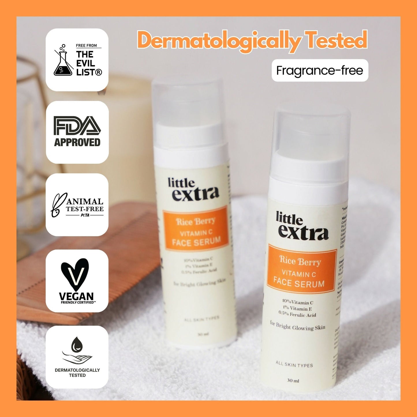 Little Extra Rice Berry 10% Vitamin C face serum bottle showing the product label and packaging for skincare benefits.