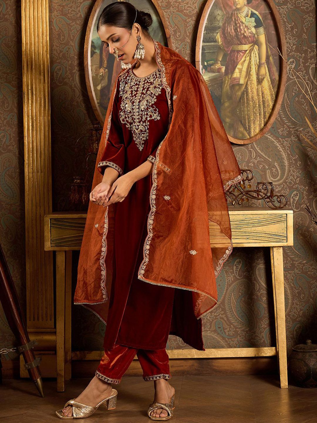 Indyancart IE Ethnic Motifs Embroidered Thread Work Velvet Kurta with Trouser & Dupatta