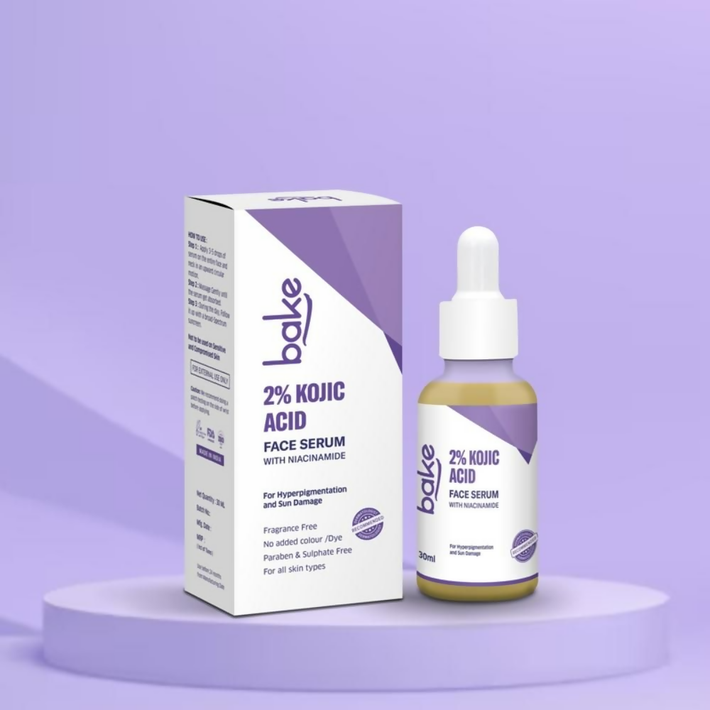 Bake 2% Kojic Acid and Niacinamide face serum in a clear glass bottle, with dropper applicator, designed for brightening skincare.