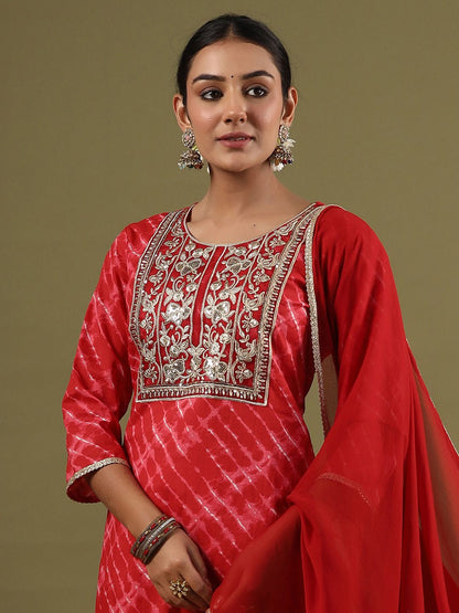 Dhiyona IE Women Leheriya Embroidered Regular Thread Work Kurta with Palazzos & With Dupatta