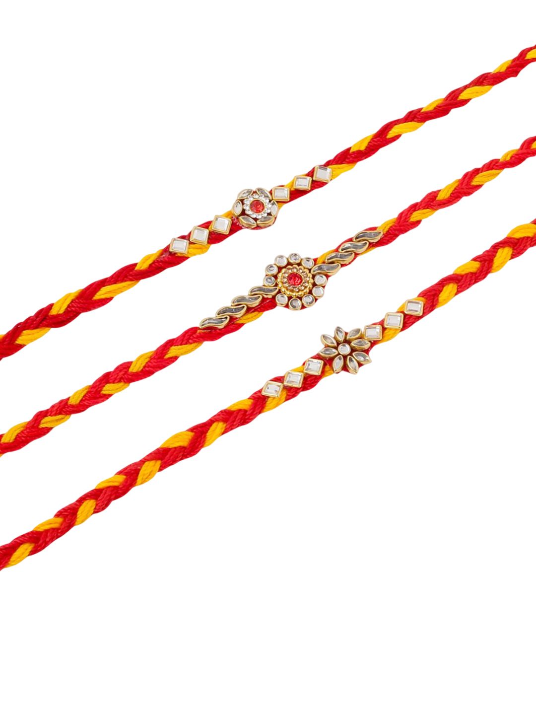 Anouk Men Set Of 3 Red & Yellow Kundan Studded Floral Design Thread Rakhi With Roli Chawal