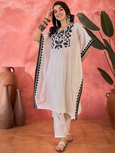 Indyancart SN Women's Floral Embroidered Notch Neck Kaftan Kurta & Trousers