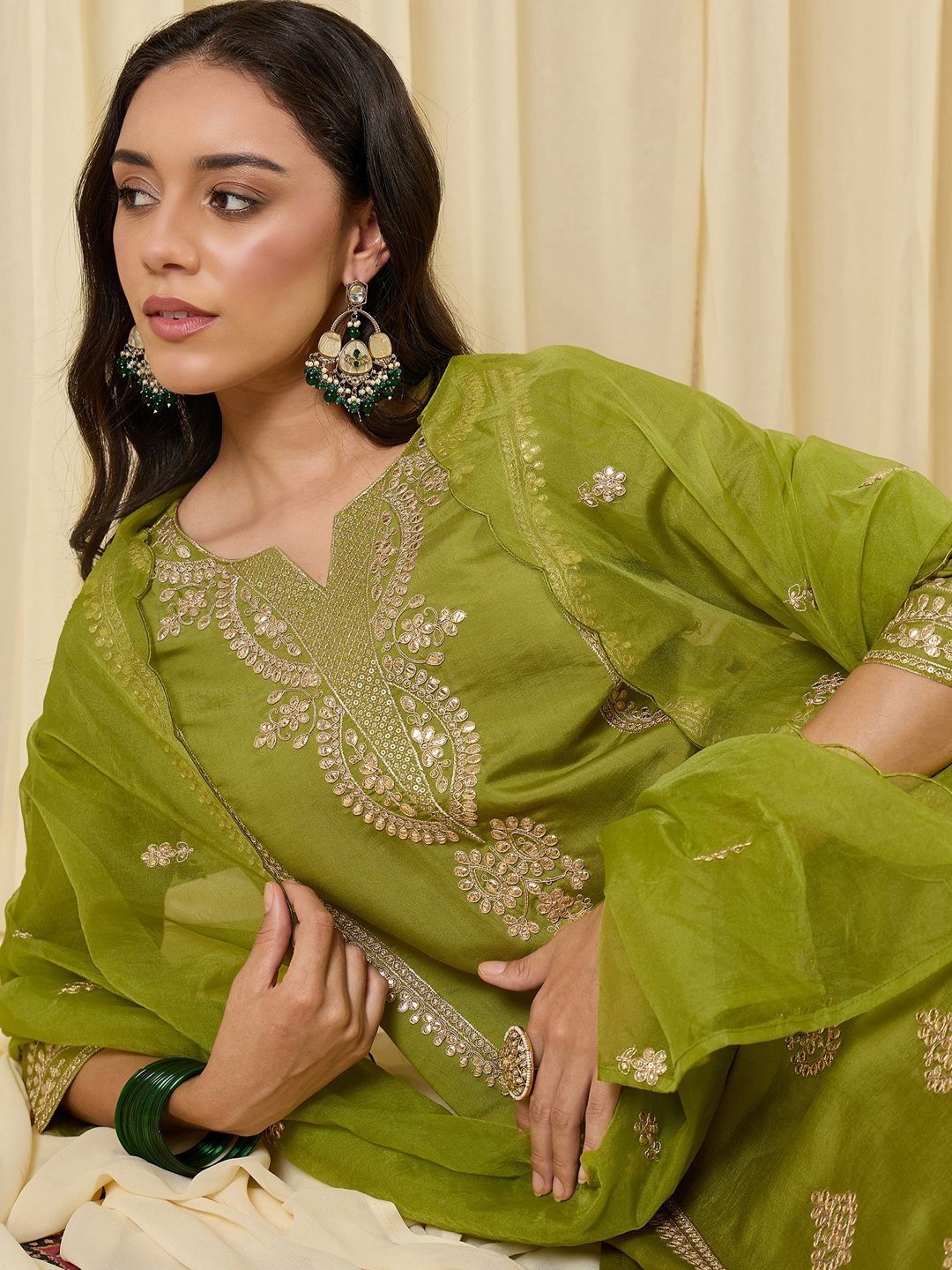 Women Ethnic Motifs Embroidered Regular Sequinned Kurta with Trousers & With Dupatta