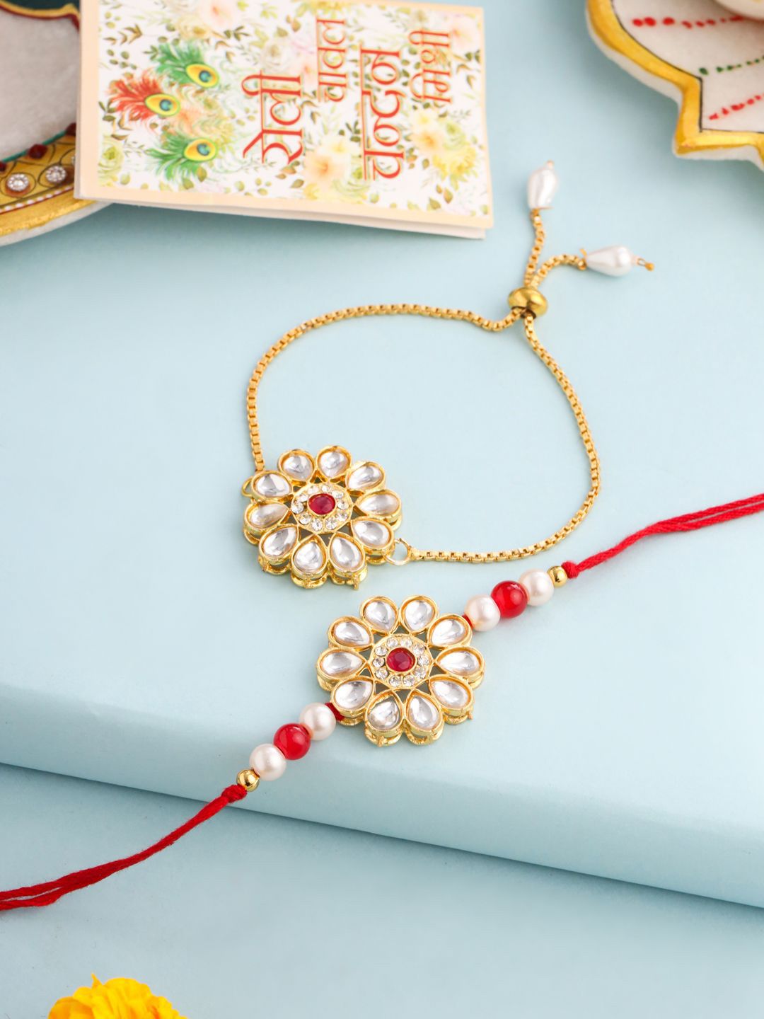 Anouk Set Of 2 Gold Toned Kundan Floral Design Bhaiya Bhabhi Rakhi Set With Roli Chawal