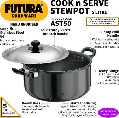 Hawkins Futura Hard Anodised Cook-n-Serve Stewpot 5 L with Lid (AST50)