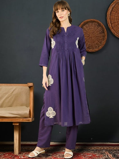 Women Ethnic Motifs Embroidered Pleated Thread Work Pure Cotton Kurta with Trousers
