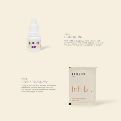 Kanpeki Pro Glow Resurface 5-step facial kit with skincare bottles and tools for at-home facial treatment.