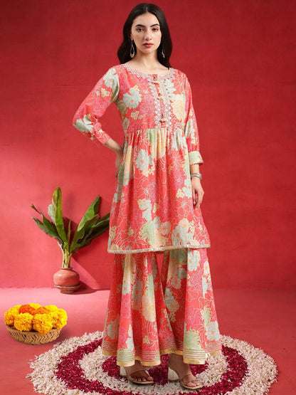 Indyancart VA Women Floral Printed Empire Mirror Work Kurta With Sharara & Dupatta