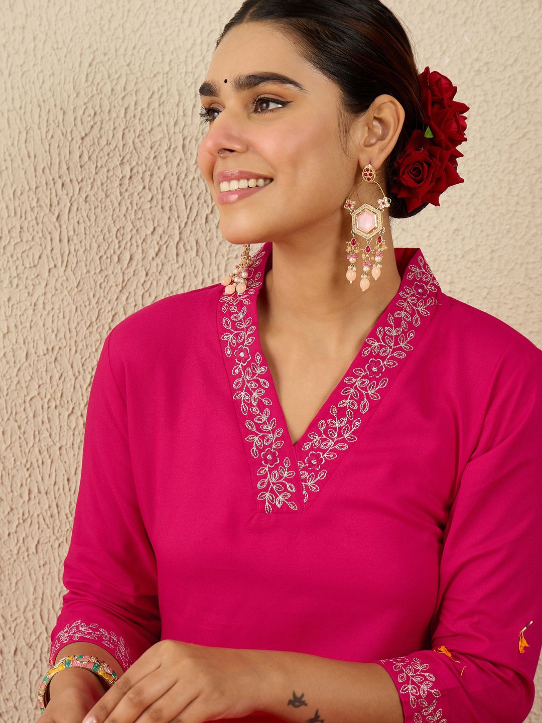 Women Ethnic Motifs Embroidered Regular Sequinned Straight Kurta with Trousers