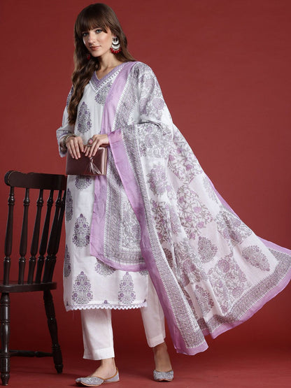 Floral Printed Sequinned V-Neck Pure Cotton Kurta with Trousers & Dupatta