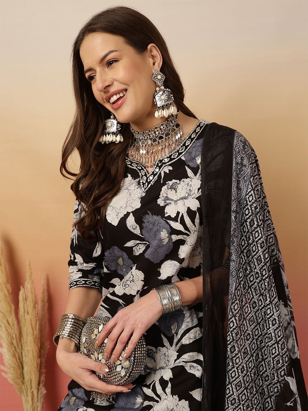 Indyancart SN Women's Floral Printed Adda Work Cotton Kurta With Trouser & Dupatta