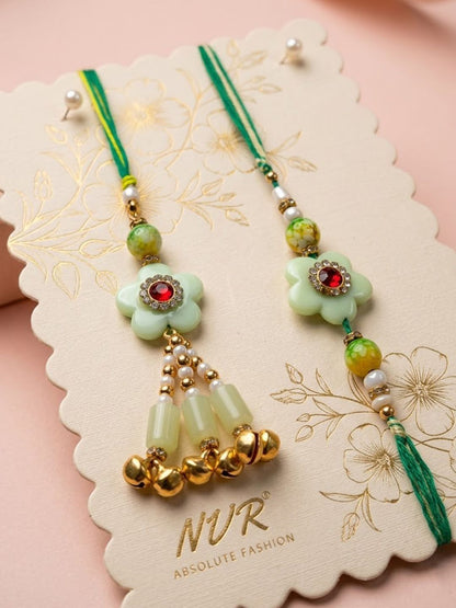 Anouk Set Of 2 Flower Shape Artificial Stones & Beads Bhaiya Bhabhi Rakhi With Roli Chawal