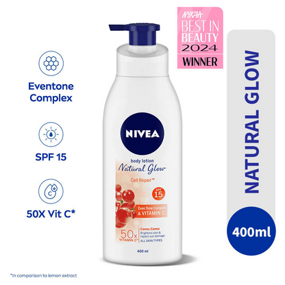 Nivea body lotion with SPF and 50X vitamin C, featuring a pump bottle and bright packaging for sun protection and skin brightening