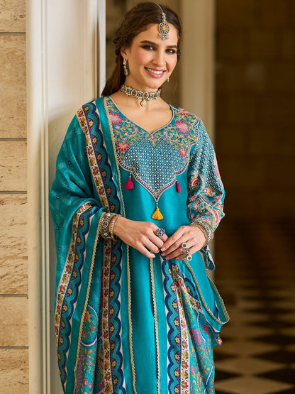 Ethnic Motifs Embroidered V-Neck Thread Work Kurta With Trousers & Dupatta